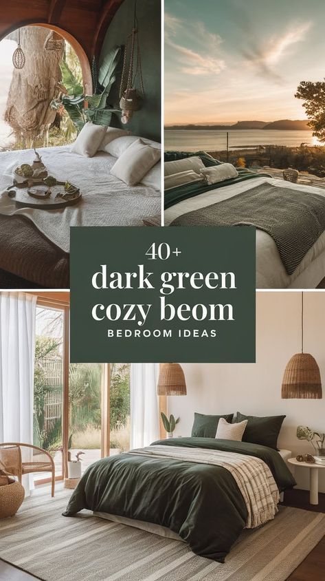 40+ Inviting Dark Green Bedroom Transformations to Craft a Warm and Intimate Retreat Dark Green Bedroom Boho, Bedroom With Dark Green Bedding, Dark Green Bedrooms Ideas, Dark Green Comforter Bedroom Ideas, Master Bedrooms Greens, Green Inspired Bedroom, Jade Bedroom Ideas, Pewter Green Bedroom, Green Duvet Cover Bedroom Ideas