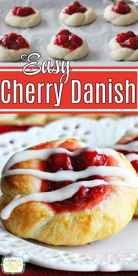 Cherry Danish with Cream Cheese Glaze Cherry Breakfast Recipes, Fruit Danish Recipe, Crescent Roll Recipes Appetizers, Cherry Danish Recipe, Cherry Cheese Danish, Breakfast Danish, Cherry Danish, Bun Recipes, Frozen Dinner Rolls