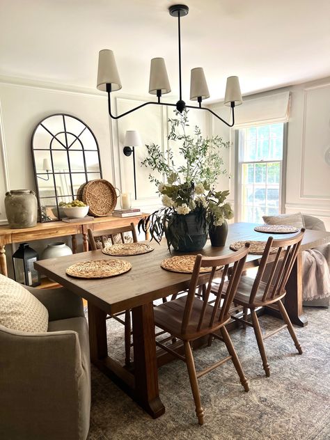 neutral dining room decor inspo with kathy kuo home> holland dining table, desiree chairs Comfy Cozy Dining Room, Dining Room Decor Farmhouse, Neutral Dining Room Decor, Modern Cottage Interior, Room Inspo Cozy, Living Dining Room Combo, Dining Room Inspo, Cozy Dining Room, Modern Farmhouse Cottage