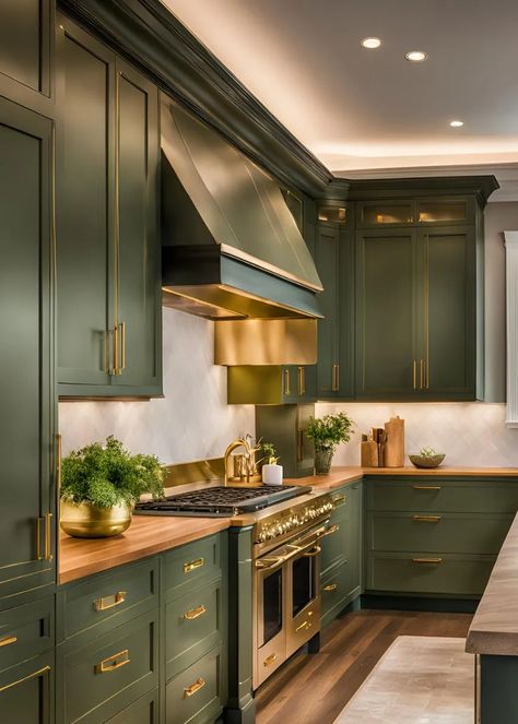 Kitchen Design Dark Green, Sage Gold Kitchen, Green And Gold Cabinets, Cushing Green Cabinets, Green Kitchen Cabinets With Gold Handles, Green And Gold Kitchen Cabinets, Olive Green Kitchen Design, Dark Olive Green Kitchen Cabinets, Hunter Green Cabinets Kitchens