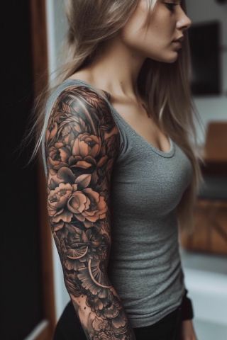 Women’s Arm Sleeve Ideas, Woman Flower Sleeve Tattoo, Women With Sleeve Tattoos Classy, Women With Half Sleeve Tattoos, Floral Sleeve Cover Up Tattoo, Woman’s Full Sleeve Tattoo, Sleeve Tattoos Cover Up, Left Side Tattoos For Women, Women’s Upper Arm Sleeve Tattoo