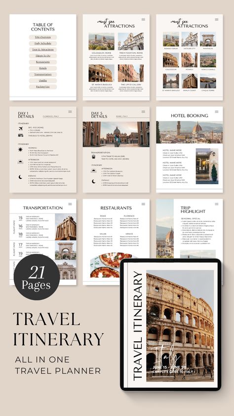 Digital travel itinerary template that helps you plan and make sure it goes smoothly! Itinerary Design, Travel Guide Design, Travel Itinerary Planner, Minimal Travel, Itinerary Planner, 포트폴리오 레이아웃, Travel Guide Book, Email Template Design, Itinerary Template