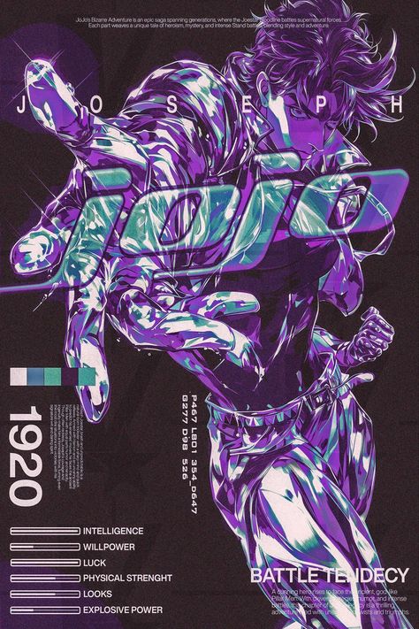 Dive into the vibrant world of "JoJo's Bizarre Adventure" with this bold, dynamic poster featuring Joseph Joestar from the "Battle Tendency" arc. This stunning piece captures the energy and charisma of Joseph, rendered in an eye-catching, retro-inspired style that combines modern and vintage aesthetics. A perfect addition for any fan of the JoJo series, this poster adds a unique and stylish touch to any space, ideal for collectors, anime lovers, or pop culture enthusiasts. High-Quality Print: Pr Jojo's Official Art, Quadeca Poster, Manga Posters Aesthetic, Jojos Bizzare Adventure Poster, Battle Tendency Wallpaper, Joseph Joestar Aesthetic, Jojo Art Wallpaper, Jojo Manga Art, Jojo Bizarre Adventure Poster