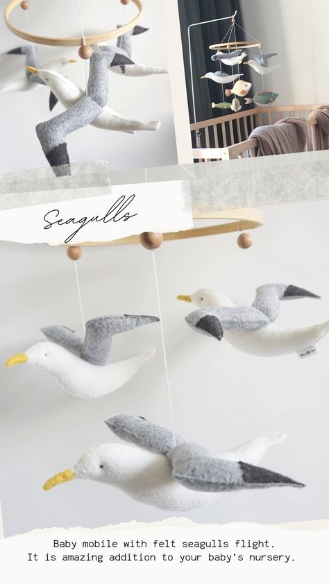 Baby mobile with felt seagulls flight. It is amazing addition to your baby's nursery. Seagull Nursery, Felt Seagull, Beach Nursery, Felted Acorns, Acorn Ornaments, Bird Mobile, Baby Mobiles, Cot Mobile, Baby Pacifier Clip