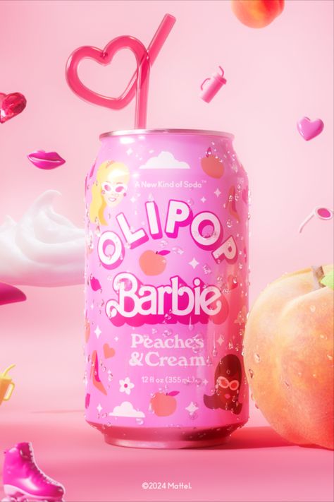 OLIPOP and Barbie have just introduced a Peaches & Cream flavor. The better-for-you soda brand celebrates the 65th anniversary of Barbie, highlighting the ever-popular Peaches & Cream Barbie released in 1984. Considering I was born in the mid-90s, I’ll take them at their word. Barbie Packaging Design, Barbie Graphic Design Poster, Barbie Branding, Barbiecore Graphic Design, Barbie Packaging, Peaches And Cream Barbie, Peaches Cream Barbie, Bubble Gum Graphic Design, Olipop Soda