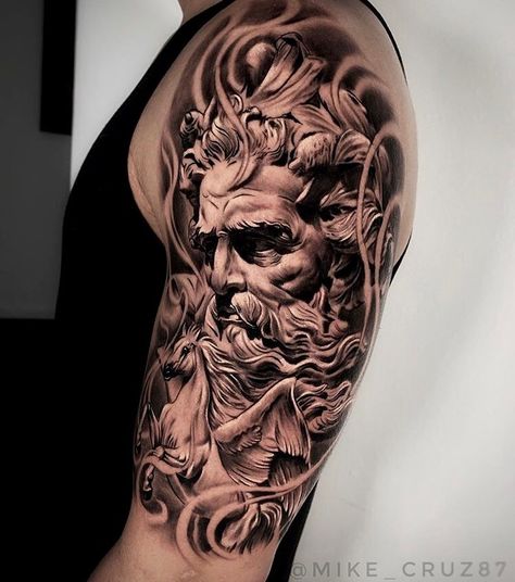 Greek Inspired Sleeve Tattoo, Italian Tattoo Ideas For Men, Greek Shoulder Tattoo, Posiden Tattoo Design, Moses Tattoo, Greek Mythology Tattoos Sleeve Ideas, Zeus Tattoo Design, Hermes Tattoo, Nautical Tattoo Sleeve