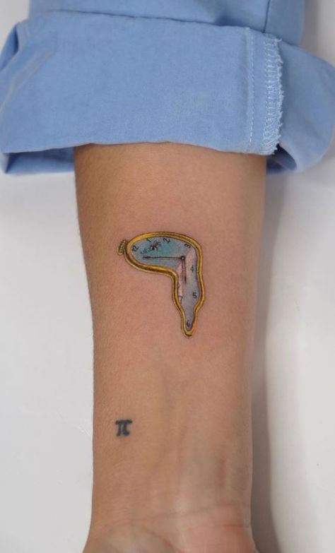 Dali’s Melting Clock Tattoo Tattoo Ideas Surrealism, Clock Tattoo Aesthetic, Interstate Tattoo Ideas, Surrealism Tattoo Ideas Creative, Dali Watch Tattoo, Small Artistic Tattoos, Tattoos Inspired By Art, Melting Clock Tattoo Design, Salvador Dali Clock Tattoo