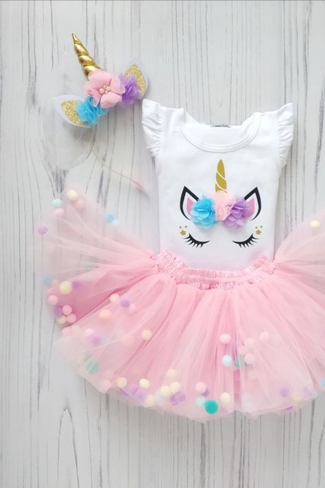 Pink Tutu Outfit, Pom Pom Tutu, Unicorn Horn Headband, Mint Skirt, Cake Smash Outfit Girl, Unicorn Birthday Outfit, Frozen Snack, Unicorn Outfit, Toddler Tutu