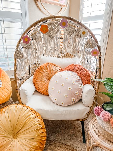 Egg Chair In Nursery, How To Decorate An Egg Chair, Macrame Egg Chair, Porch Egg Chair, Egg Chair Decoration Ideas, Boho Egg Chair, Egg Chair Decor, Girly Girl Room, Cozy Room Decor Ideas