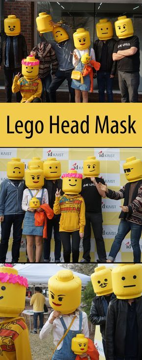 These masks use a cardboard frame wrapped in yellow papers, and they also have translucent eye-holes, so you don't have to worry about bumping into things. They are very light but also very sturdy and impact resistant - perfect for a party! Lego Costume Diy, Lego Man Costumes, Lego Halloween Costumes, Halloween Lego, Cardboard Costume, Lego Costume, Lego Halloween, Dekorasi Halloween, Lego Head