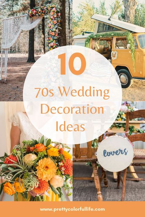 Tie the knot with a 70s theme wedding in a  bohemian wedding dress with bell-sleeves in front of a macrame wedding backdrop with flowers. Then dance the night away at your 70s themed wedding reception filled with bohemian flowers and a RV photo booth truck to capture fun moments.  #70sweddingreception #70sweddingcenterpieces  #70swedding flowers #70sweddingdecoration #bohoweddingdress  #fallweddingideas #weddingideas Dance Theme Wedding, 70s Themed Centerpieces, Retro 70s Wedding Theme, 70s Wedding Ideas, 60s Wedding Theme, 70s Theme Wedding, 70s Themed Wedding, 70s Inspired Wedding, Backdrop With Flowers