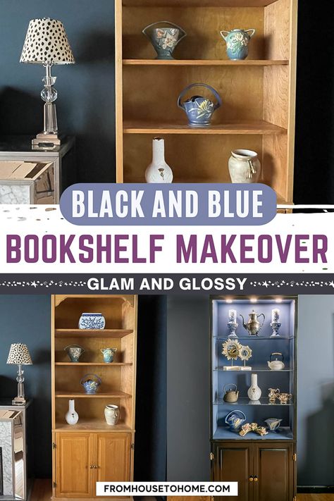 If you have a boring bookshelf that needs an update, this glam bookcase makeover may be just what you're looking for. With glossy black paint that looks like lacquer, glass shelves and shelf lighting, you won't believe the difference between the "before" and "after". Wood Bookshelf Makeover, Blue Bookshelves, Glass Shelf Supports, Blue Home Offices, Old Bookshelves, Bookshelf Makeover, Diy Furniture Makeover Ideas, Office Paint Colors, Old Bookcase