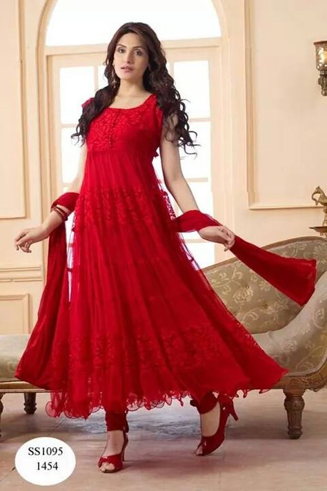 Red net frock Net Frock, Green Anarkali Suits, Red Anarkali Suits, Pink Anarkali Suits, Indian Anarkali Dresses, Blue Frock, Anarkali Suits Designer, Red Anarkali, Designer Suits Online