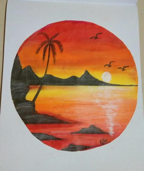 Natural Seen Drawing With Colour, Sunset Color Pencil Drawing, Drawing Using Oil Pastel Colours, Nature Drawing Colourful, Sunset Drawing Oil Pastel, Easy Colourful Drawing, Painting With Pencil Colour, Sunset Pastel Drawing, Pastel Colour Drawing