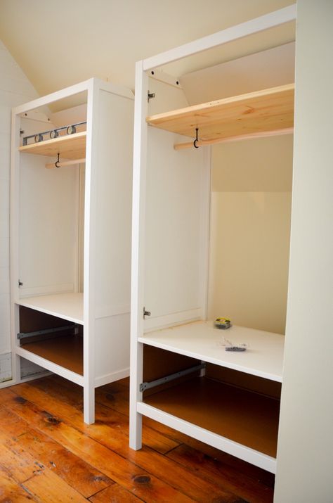 One last IKEA hack – Under New Management Billy Bookcase Wardrobe Hack, Ikea Sundvik, Ikea Wardrobe Hack, Ikea Billy Bookcase Hack, Ikea Wardrobe, Small Bedroom Storage, Ikea Closet, Closet Hacks, No Closet Solutions