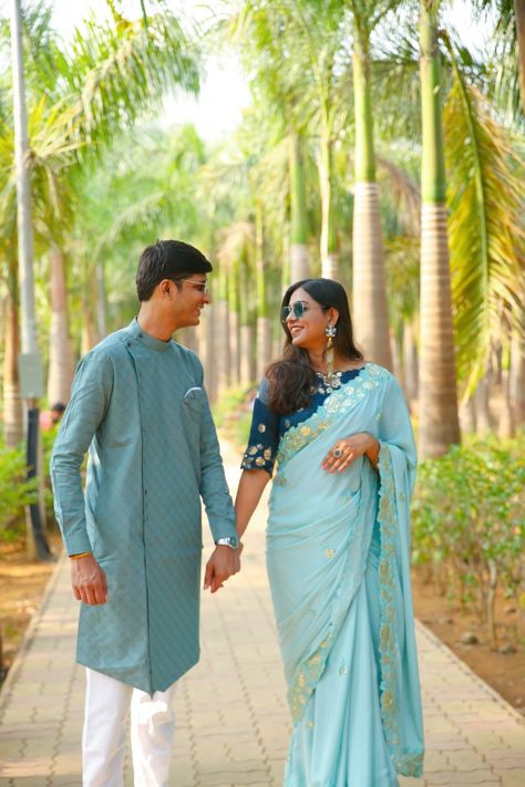 Couple's pre wedding photo in saree and kurta Pre Wedding Shoot In Saree, Photo In Saree, Wedding Diary, Indian Wedding Photography Poses, Couple Picture, Pre Wedding Shoot, Couple Picture Poses, Indian Wedding Photography, Wedding Photography Poses