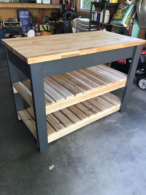 Butcher block kitchen island built by Jeff Shipp with Sherwin Williams satin paint in Iron Ore #butcherblockisland #SherwinWilliamsIronOre Rustic Kitchen Island Ideas, Butcher Block Kitchen Island, Portable Kitchen Island, Butcher Block Kitchen, Rustic Kitchen Island, Wood Kitchen Island, Diy Kitchen Island, Kitchen Tables, Iron Ore