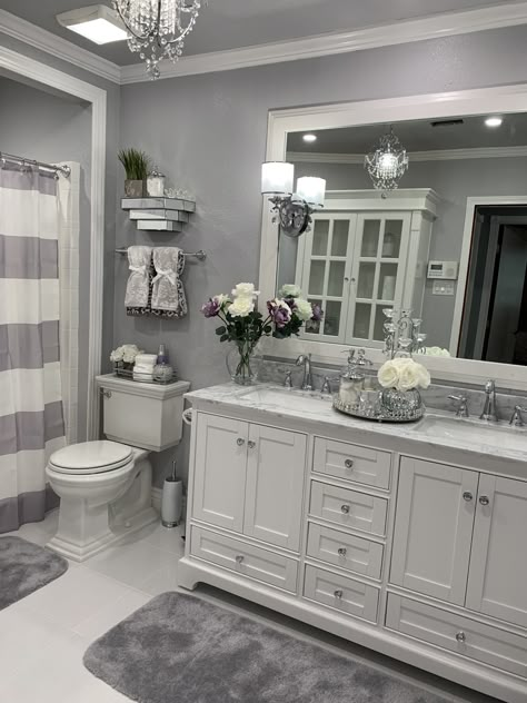 Bathroom Decor Gray And White, Grey White And Silver Bathroom Decor, Glam Bathroom Decor Ideas Master Bath, Gray Bathroom Makeover, Romantic Small Bathroom Ideas, Luxurious Bathroom Decor, Silver And White Bathroom Decor Ideas, Farmhouse Glam Bathroom Decor, Gray Restroom Ideas