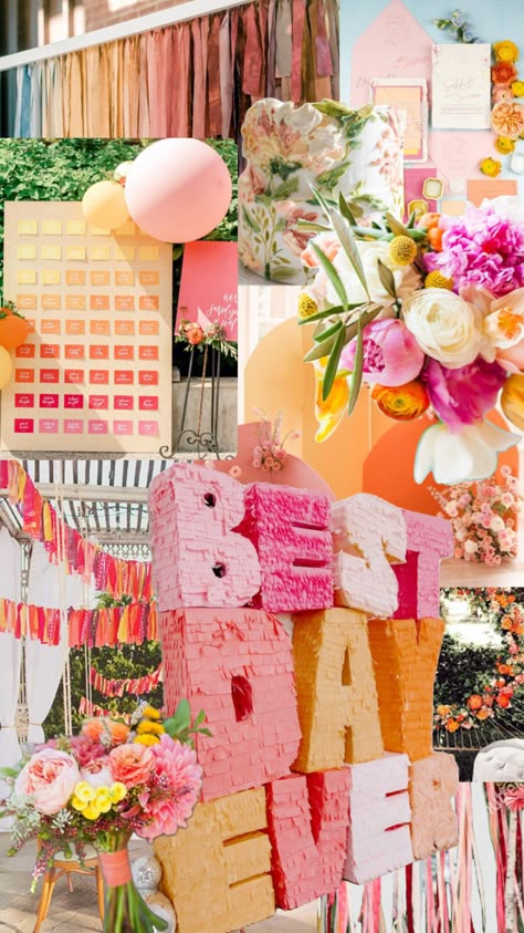 Pink oranges decor theme #partymoodboard #decorinspo Pink Orange Decorations, Sunset Wedding Theme Decoration, Wedding Photo Station, Pink Orange Bachelorette, Pink And Orange Wedding Theme, Backyard Wedding Planning, Pink Orange Wedding, Wedding Fest, Grad Party Theme