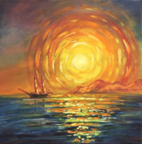 Sun rise at the sea Sun Painting Abstract, Sunset At Sea Painting, Abstract Sunset Art, Art Oil Paintings Aesthetic, Sun Art Aesthetic, Rising Sun Painting, Painting Ideas Ocean, Blue And Orange Painting, Sunset Sea Painting