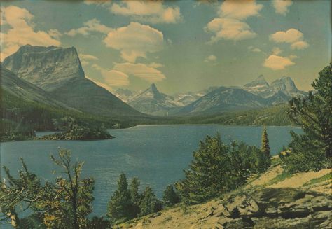 https://flic.kr/p/2n7Lfk7 | Blue Sky, Mountains and Lake Landscape | Vintage found landscape image. Beautiful aged paper, found. Coordinates Unknown Old Landscape Photos, Vintage Landscape Illustration, Retro Landscape Wallpaper, 50s Landscape, Vintage Mountain Aesthetic, Vintage Background Landscape, Mountains And Lake, Retro Landscape, Canada Landscape