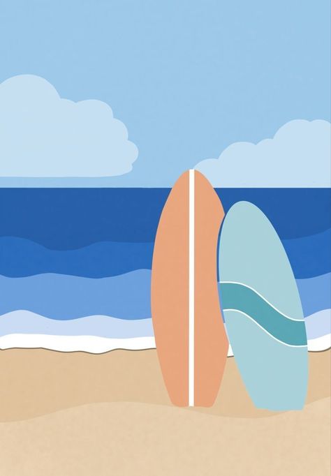 Surfing Aesthetic Drawing, Easy Surfboard Painting, Beach Vibe Drawings, Simple Beach Painting Ideas, Surfboard Painting On Canvas, Beach Drawing Aesthetic, Beachy Paintings Easy, Summer Beach Illustration, Beachy Paintings