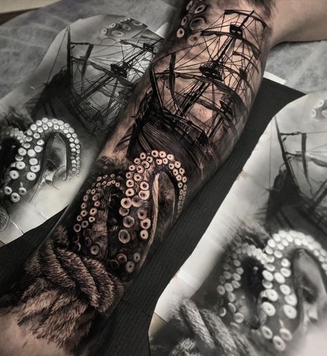 Pirate Tattoo Sleeve, Sea Tattoo Sleeve, Ship Tattoo Sleeves, Nautical Sleeve, Pirate Ship Tattoos, Underwater Tattoo, Ocean Sleeve Tattoos, Nautical Tattoo Sleeve, Octopus Tattoo Sleeve