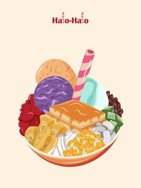 Halo Halo a Filipino dessert. popular and delicious Filipino dessert with ice and ice cream. Halo Halo Dessert, Halo Drawings, Fruit Art Drawings, Desserts Drawing, Filipino Food Dessert, Filipino Dessert, Philippines Food, Filipino Art, Philippine Art