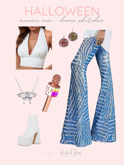 Mamma Mia Denim Outfit, Mamma Mia Jumpsuit, Mamma Mia Fancy Dress, Aesthetic Outfits With Boots, Mama Mia Aesthetic Outfits Party, Dancing Queen Birthday Outfit, Momma Mia Bachelorette Party Outfits, Mama Mia Costume Ideas, Donna And The Dynamos Outfit