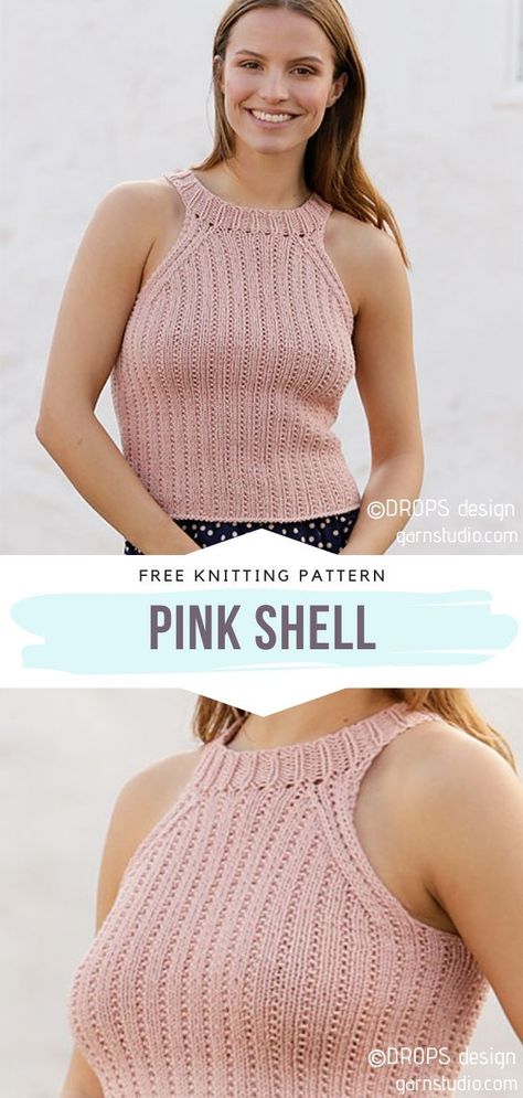 Pink Shell Free Knitting Pattern  So simple and yet so charming! This feminine knit top is a must-have in the summer wardrobe of every romantic soul. If you like this powder pink shade as much as we do, you clearly understand what we mean!  #knittop #knitcroptop #freeknittingpattern Free Knit Tank Top Pattern, Knitted Halter Top Pattern Free, Crop Tops Knitting Patterns, Easy Knit Tank Top Pattern Free, Summer Knitted Tops Pattern, Knitted Tank Top Pattern Free Simple, Halter Top Knitting Pattern, Knit Top Pattern, Knitted Crop Top Pattern Free