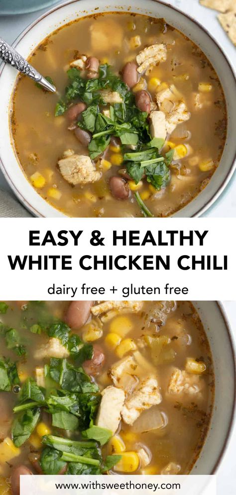 This healthy white chicken chili recipe is packed with protein, low in fat, and bursting with delicious flavor. It’s perfect for a quick weeknight dinner or an easy crowd-pleasing dish for gatherings. This healthy yet satisfying chili is also made with gluten free and dairy free ingredients! #soup Easy Gluten Free Soup Recipes, Healthy Dinner Recipes Dairy Free, White Chicken Chili Dairy Free, Low Carb Dairy Free Recipes, Chicken Chili Dairy Free, Dairy Free White Chicken Chili, Chili Dairy Free, Healthy White Chicken Chili, White Chicken Chili Soup