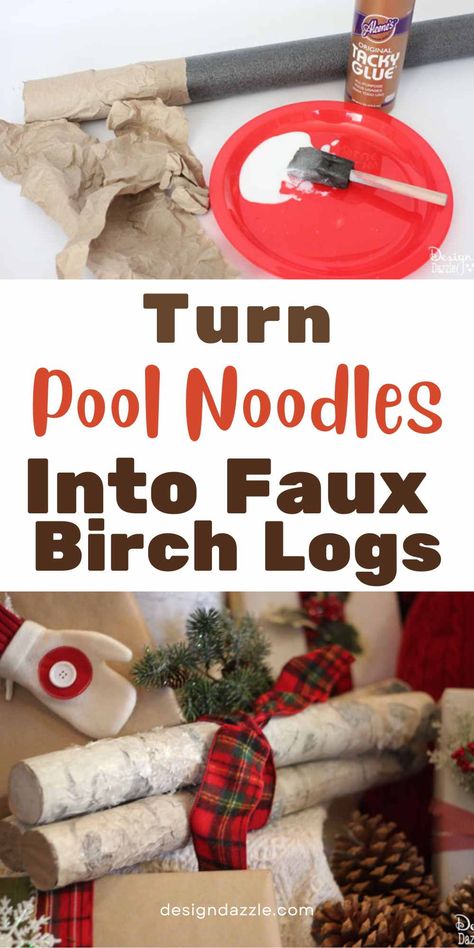 Pool Noodle Birch Logs, Diy Log Crafts, Ornaments Cricut Diy, Pool Noodle Ideas Christmas, Pool Noodle Holiday Decor, Diy Faux Birch Logs, Pool Noodle Christmas Decorations Mantle, Christmas Birch Logs Decorating Ideas, Diy Birch Logs