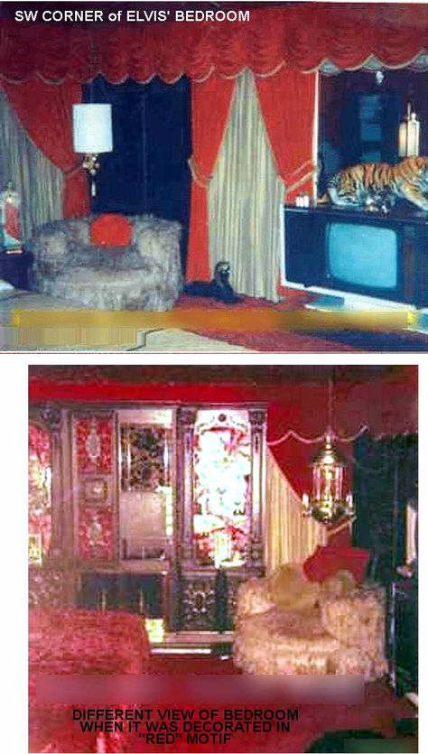 Elvis' bedroom at Graceland   this was the real color at the time Elvis was on Graceland ,  all red Elvis Bathroom, Graceland Upstairs, Elvis Bedroom, Elvis Graceland, Elvis Presley House, Graceland Memphis, Graceland Elvis, Elvis Presley Graceland, Elvis Presley Family