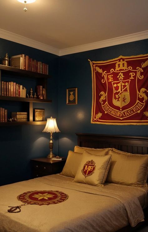 Gryffindor Room Ideas, Gryffindor Bedroom Aesthetic, Gryffindor Bedroom Ideas, Hogwarts Themed Bedroom, Harry Potter Room Decor Bedroom Ideas, Harry Potter Bedroom Ideas, Gryffindor Room, Harry Potter Inspired Bedroom, Hogwarts Bedroom