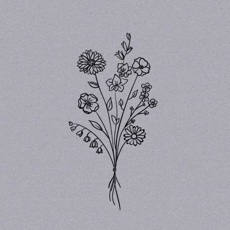 Wildflower Tattoo Black And White, Wildflower Tattoo Ideas, Flor Tattoo, Tattoo Black And White, Flower Bouquet Tattoo, Bouquet Tattoo, Wildflower Tattoo, Cute Tiny Tattoos, Tattoo Black