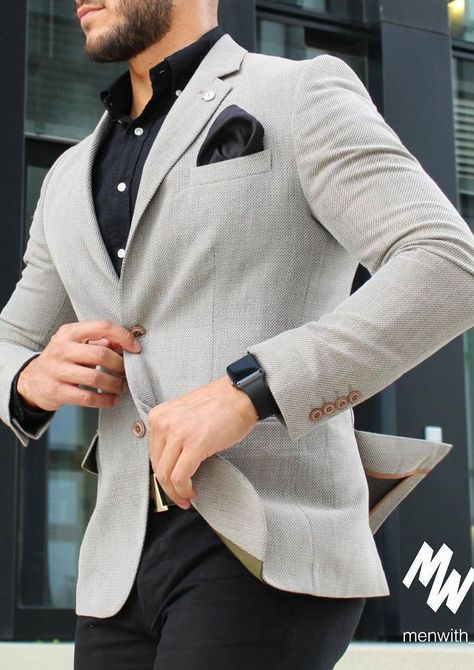 Black shirt with blazer combo    #utahwedding #mensattire #menswear #menssuits #groom #engagementoutfit Grey Sport Coat, Blazer Outfits Men, Formal Men Outfit, Mens Fashion Blazer, Formal Mens Fashion, Designer Suits For Men, Mens Fashion Smart, Mens Fashion Jeans, Fashion Suits For Men