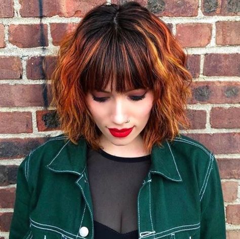 Short Hair With Copper Highlights, Copper Bob With Bangs, Copper Balayage Bob, Light To Dark Hair, Copper Hair Highlights, Highlights For Fall, Pinned Hair, Brown Hair Colours, Copper Hair With Highlights