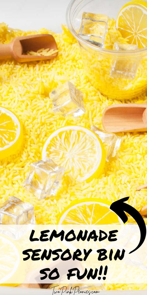 text that says Lemonade Sensory Bin behind it is a sensory bin made from dyed yellow rice with toy ice cubes and lemon slices in it. Lemonade Stand Sensory Bin, Ice Cream Sensory Bin For Toddlers, Summer Sensory Bin Kindergarten, Fruit Themed Sensory Bin, June Sensory Bin Ideas, Spring Rice Sensory Bin, Summer Sensory Table Ideas For Preschool, Birthday Cake Sensory Bin, End Of Year Sensory Bin