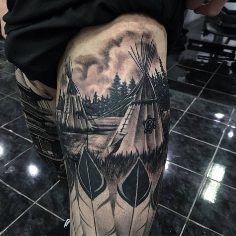 Tipi Tattoo, Native Indian Tattoos, Native American Tattoo Designs, Leg Tattoo Ideas, Catrina Tattoo, Native American Tattoo, American Indian Tattoos, Christian Sleeve Tattoo, Native American Tattoos