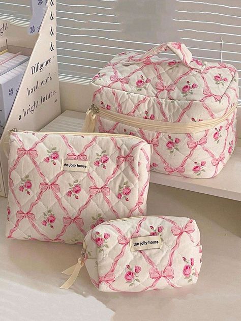 1Pc/Set Pink Bow Knot & Rose Design Quilting Cosmetic Bag, Fashionable Portable Makeup Bag, Multi-Functional Storage Bag For Lipstick, Sanitary Napkin, Coins, Keys Etc, Large Capacity Lovely Wash Bag For Travel Organizer Cosmetic Bag For Travel, Mother's Day GiftI discovered amazing products on SHEIN.com, come check them out! Sanitary Napkin, Birthday Wish List, Baby Gift Basket, Bag For Travel, Travel Organizer, Bow Knot, Pink Backpack, Wash Bag, Word Wrap