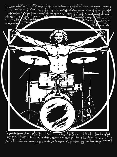 "DA VINCI DRUMMER - VITRUVIAN MAN PLAYING THE DRUMS - LEONARDO DA VINCI VITRUVIAN MAN PARODY FOR DRUMMERS" T-shirt by ShirtWreck | Redbubble Leonardo Da Vinci Vitruvian Man, Drums Pictures, Drums Wallpaper, Da Vinci Vitruvian Man, Playing The Drums, Drums Art, Vitruvian Man, Nz Art, The Drums