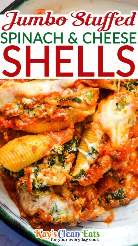 Spinach and Cheese jumbo stuffed shells are a hearty and comforting crowd-pleasing meal! Full of cheese, spinach, herbs, and marinara sauce. This is perfect for meatless Monday, it’s truly pure comfort food. Who doesn’t love jumbo cheesy stuffed shells smothered in marinara sauce and more cheese… I am getting hungry just talking about it, ha! Meatless Monday is something I love doing in my household! | @kayscleaneats #jumbostudffedspinachshells #familymealplanning Stuffed Jumbo Shells Recipe Spinach Ricotta, Stuffed Shells Recipe Sausage Spinach Ricotta, Jumbo Stuffed Shells, Spinach Mushroom Ricotta Stuffed Shells, Stuffed Pasta Shells Ricotta Spinach, Cheesy Stuffed Shells, Spinach Ricotta Stuffed Shells, Spinach Stuffed Shells, Stuffed Shells Ricotta