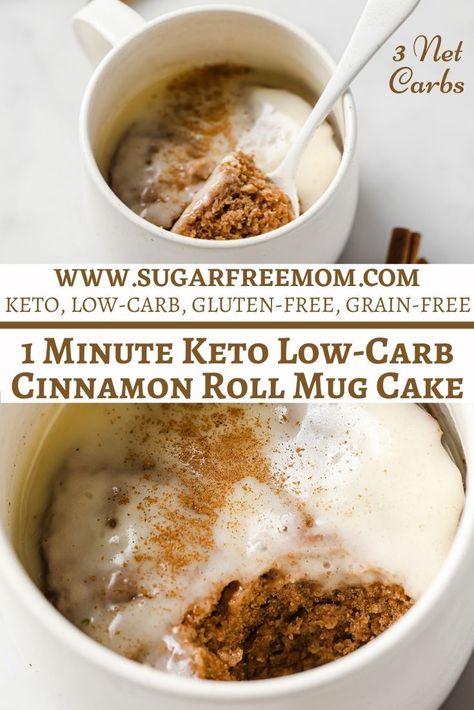 Keto Cinnamon Roll Mug Cake, Cinnamon Roll Mug Cake, Keto Cinnamon Roll, Cinnamon Mug Cake, Low Carb Mug Cakes, Keto Mug, Keto Cinnamon, Cake Calories, Keto Cinnamon Rolls