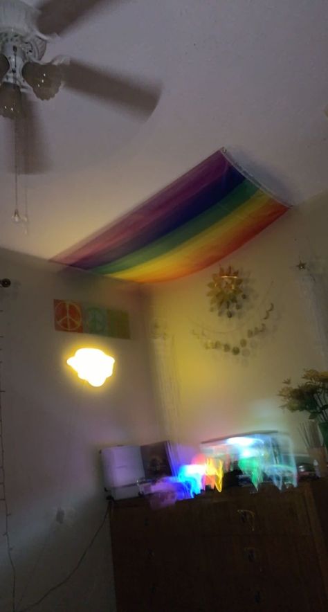 Pride Flag On Ceiling, Pride Flag In Bedroom, Flags On Ceiling Bedroom, Pride Flag Room Decor, Pride Flag In Room, Flags On Ceiling, Flag On Ceiling, Pride Flag Bedroom, Lgbtq Room Ideas