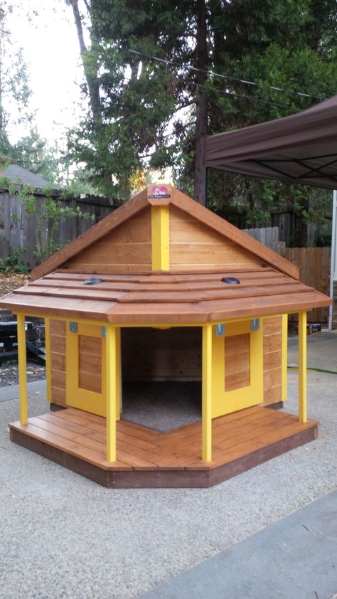 Dog house we made raffled off to donate money to our local shelter. Dog Balcony Ideas, Dog House Diy Plans, Double Dog House, Large Dog House Outdoor, Extra Large Dog House, Luxury Dog Kennels, Dog Backyard, Wooden Dog House, Large Dog House