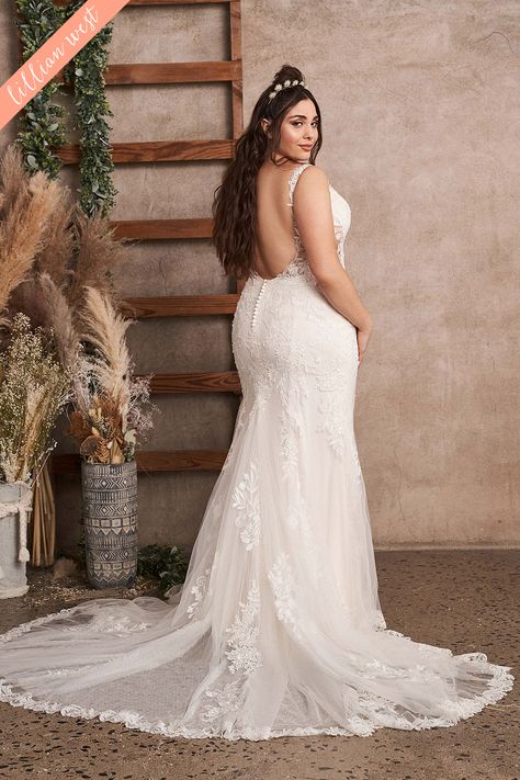 Show off your curves wearing this plus size fit and flare bridal dress. Featuring an illusion Sabrina neckline and side cutouts that lead to a sexy, low back. It's adorned with a blend of laser cut chiffon and lace appliqués over top a point d'esprit underlay. For a more traditional look, this style is also available with the side cutouts lined. Flare Gown Styles, Sabrina Neckline, Ethereal Wedding Dress, Fit And Flare Gown, Cutout Style, Lillian West, Flare Gown, Curvy Bride, Ethereal Wedding