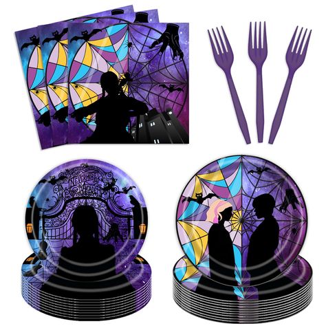 PRICES MAY VARY. 【Serve 24 Guests】This wednesday birthday party kit has all you need for 24 guests, includes 24pcs 9'' dinner paper plates, 24pcs 7'' dessert plates, 24pcs paper napkins, 24pcs plastic forks. 【Safe and Premium Material】All our wednesday themed plates and napkins are made of quality paper, not easy to tear and break. The disposable forks are made of quality plastic, non-toxic, no smell, heat-resistant and safe to food. 【Vibrant Color and Pattern】The pattern and color are well-prin Gothic Backdrop, Spider Web Window, Addams Family Theme Party, Party Plates And Napkins, Wednesday Birthday, Addams Family Theme, Wednesday Party, Horror Themes, Party Table Cloth