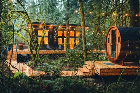 Cedar Hollow - Sauna/Cold Plunge + Hot Tub - Tiny houses for Rent in Monroe, Washington, United States - Airbnb Sauna In Greenhouse, In Ground Cold Plunge, Sauna Cold Plunge, Outdoor Sauna Ideas Backyards, Japanese Sauna, Cold Plunge, Room Darkening Shades, Plumbing Plan, Cedar Hot Tub