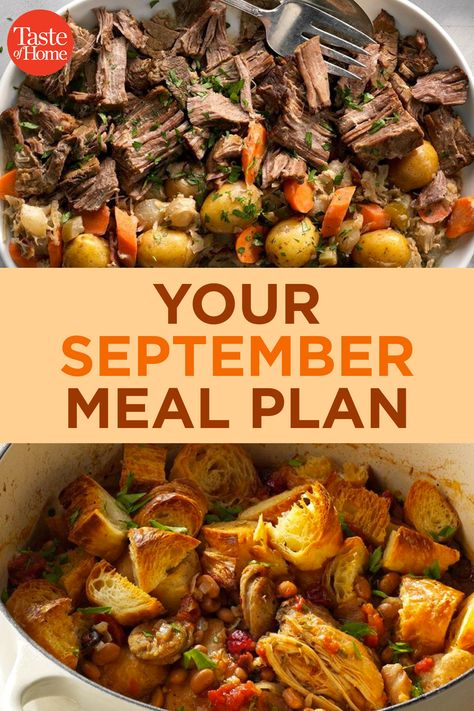 Meals For September, Early Fall Dinner Ideas, September Seasonal Food, Sept Meal Plan, Late Summer Early Fall Dinner, September Food Recipes, Dinner Ideas For September, East Fall Dinner, Easy Fall Family Dinner Ideas