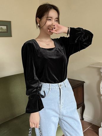 Black Elegant Long Sleeve Velvet Plain Embellished Slight Stretch Fall/Winter Women Tops, Blouses & Tee Velvet Top Outfit Winter, Black Velvet Shirt Outfit, Black Full Sleeve Top Outfits, Black Velvet Top Outfit, Velvet Crop Top Outfit, Velvet Shirt Outfit, Velvet Tops Outfit, Black Velvet Shirt, Black Velvet Blouse